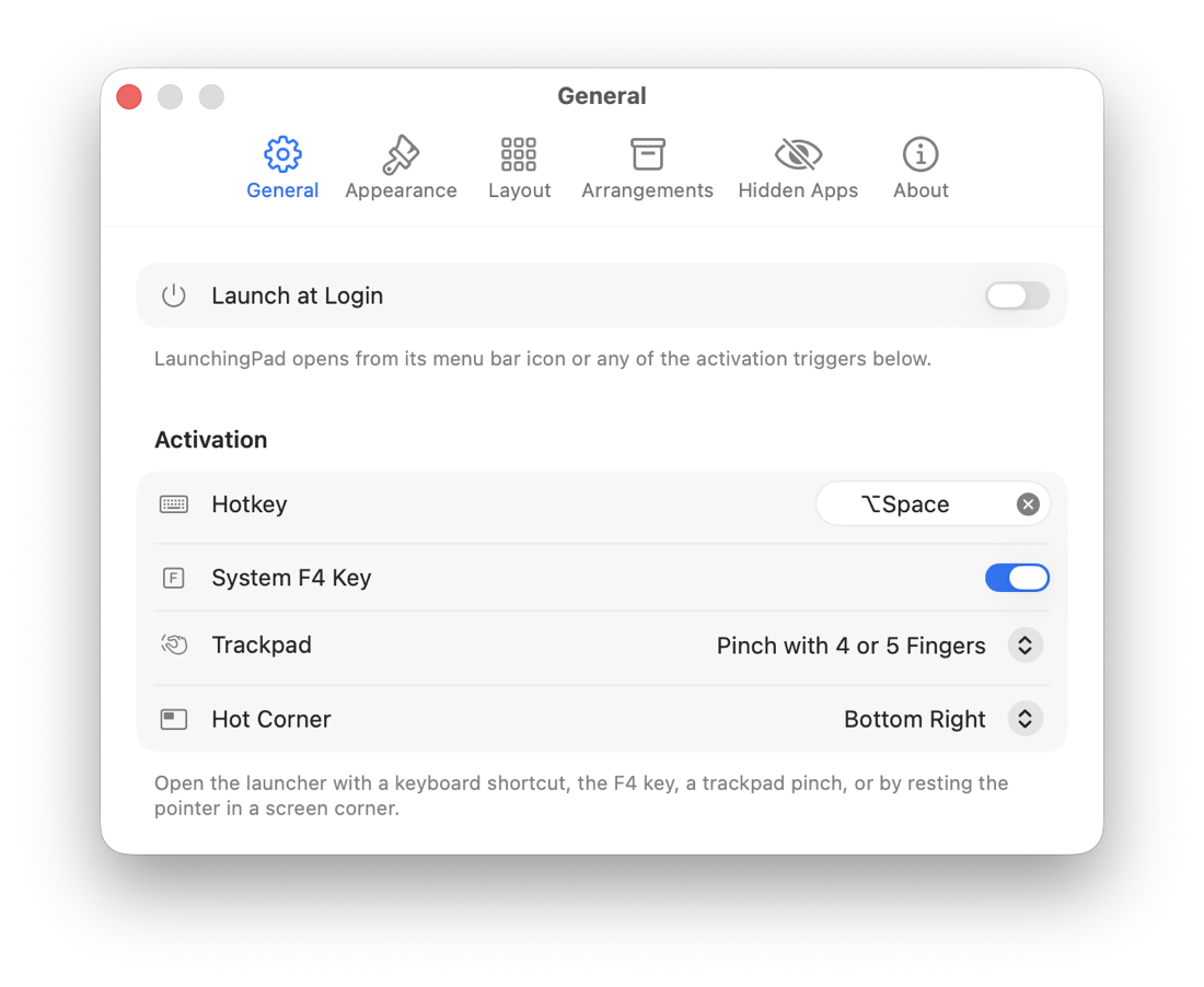 LaunchingPad's General settings window showing the Activation section: a ⌥Space hotkey, a System F4 Key toggle, Trackpad set to pinch with 4 or 5 fingers, and a Bottom Right hot corner.